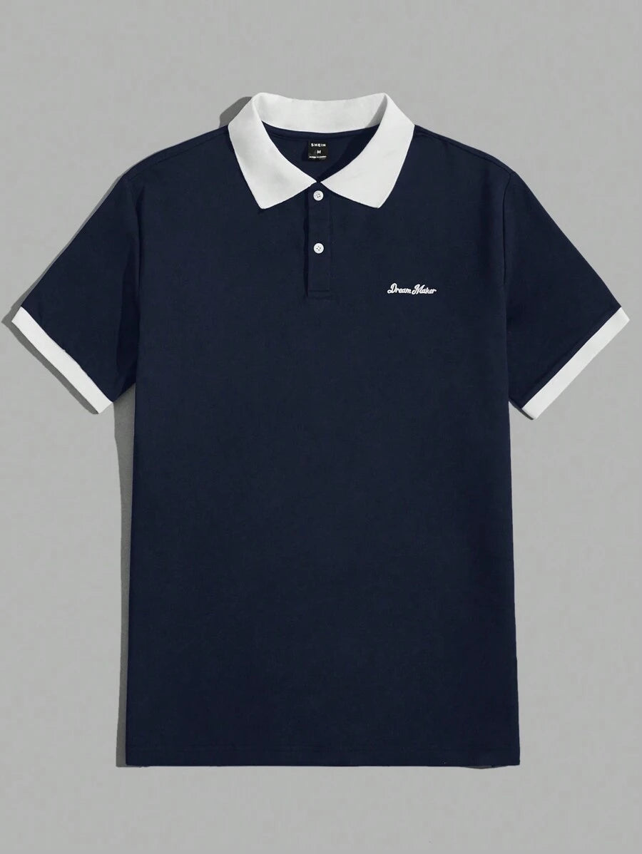 Polo décontracté à manches courtes avec lettres et couleurs contrastées pour homme