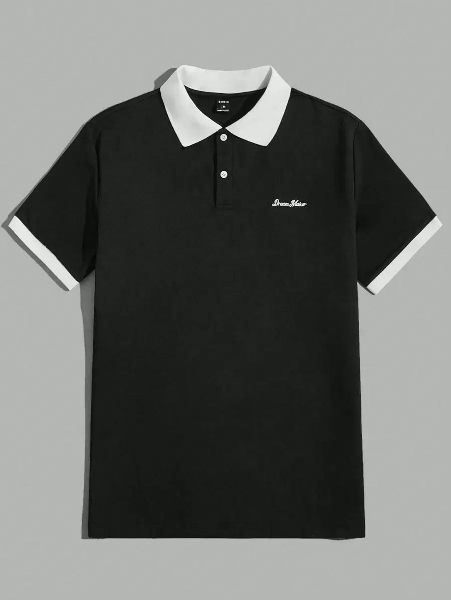 Polo décontracté à manches courtes avec lettres et couleurs contrastées pour homme