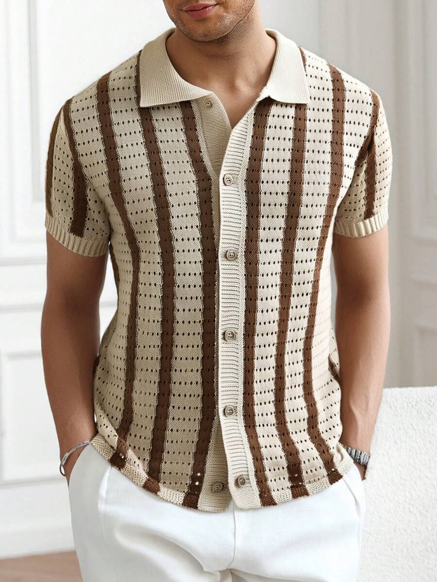 Polo décontracté rayé à manches courtes avec col ajouré pour hommes