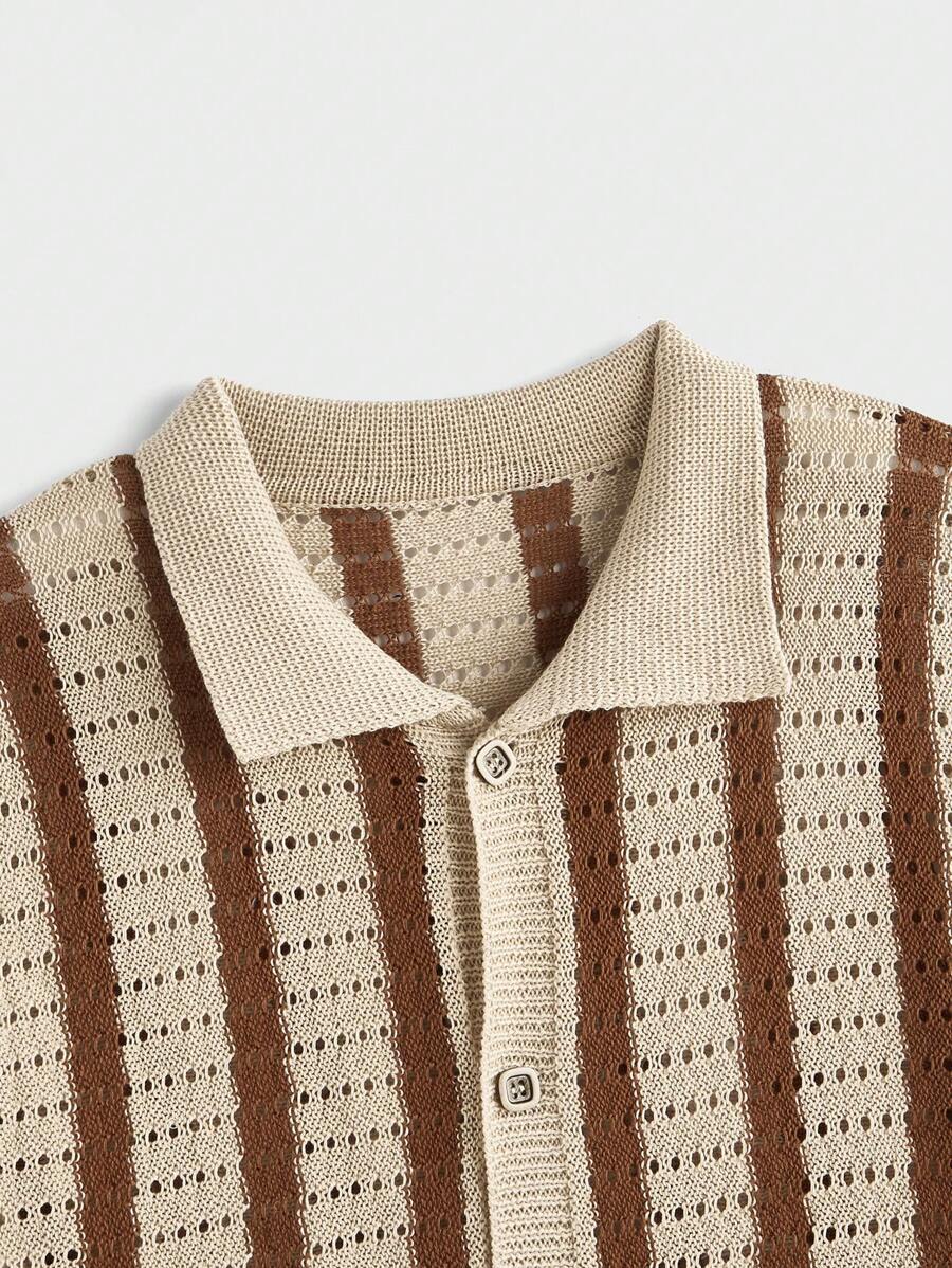 Polo décontracté rayé à manches courtes avec col ajouré pour hommes