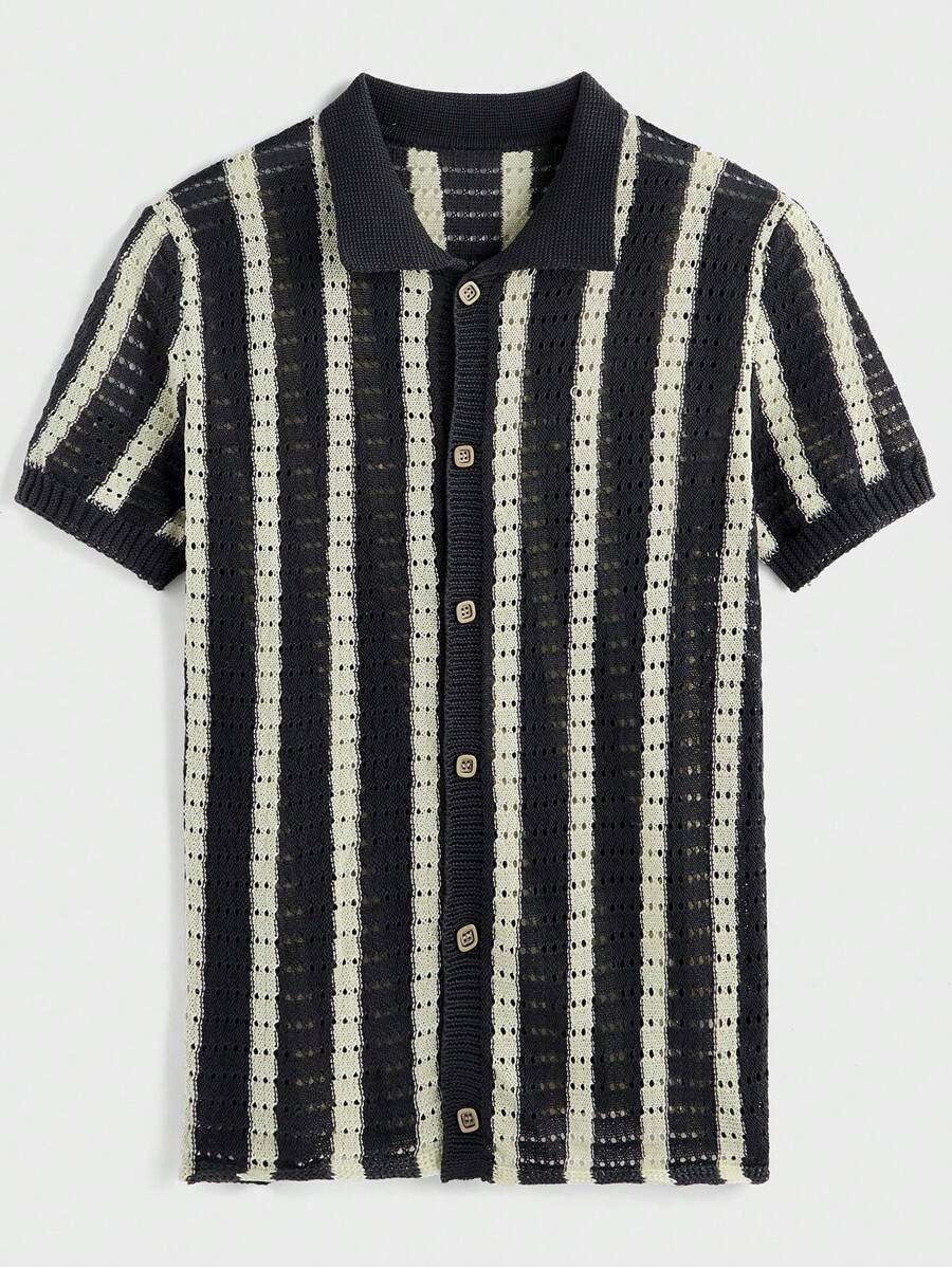 Polo décontracté rayé à manches courtes avec col ajouré pour hommes