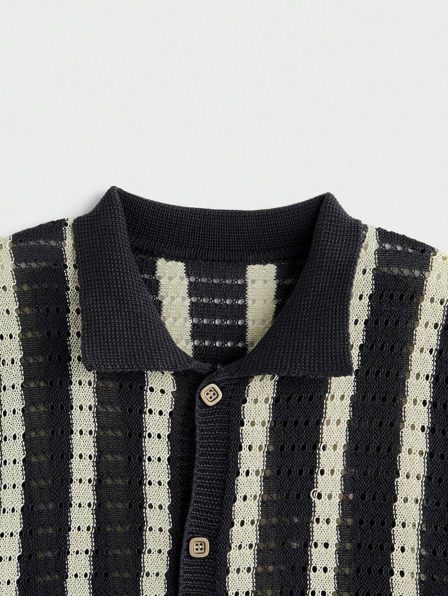 Polo décontracté rayé à manches courtes avec col ajouré pour hommes