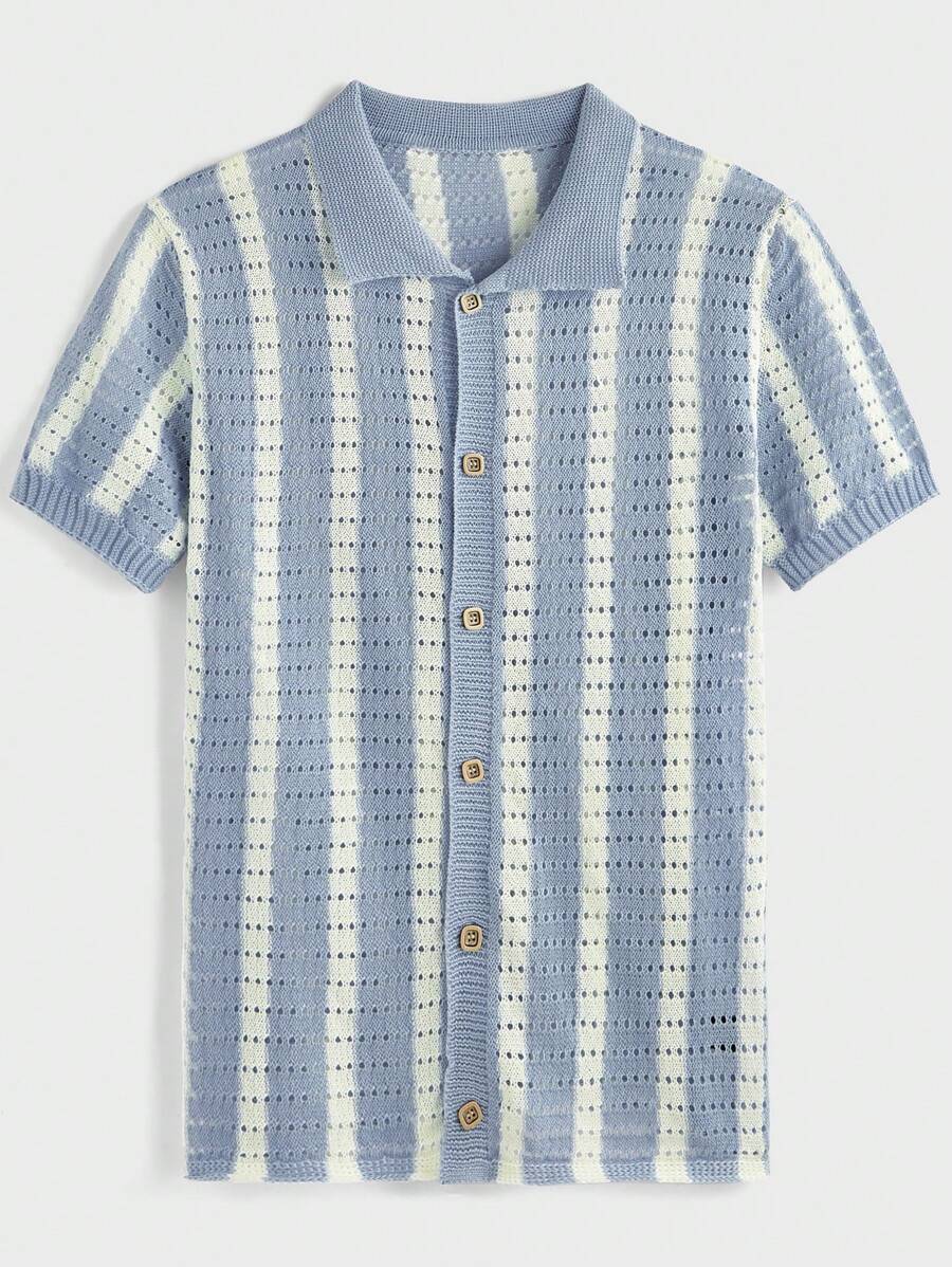 Polo décontracté rayé à manches courtes avec col ajouré pour hommes