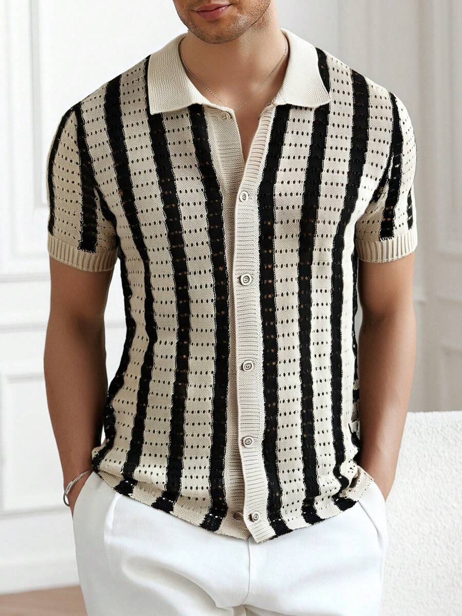 Polo décontracté rayé à manches courtes avec col ajouré pour hommes