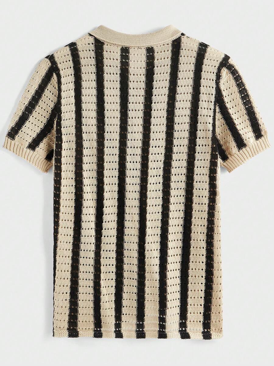 Polo décontracté rayé à manches courtes avec col ajouré pour hommes