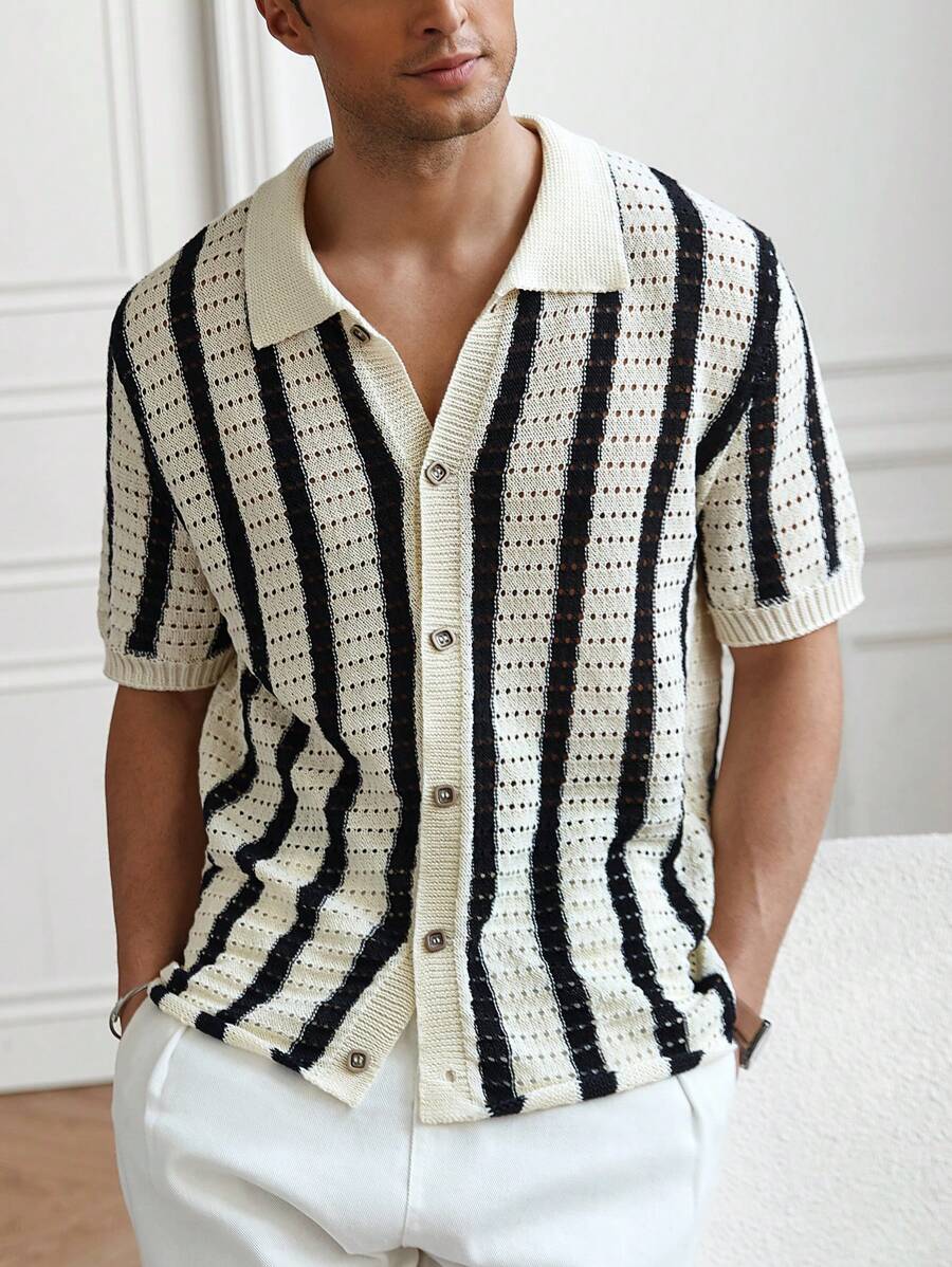 Polo décontracté rayé à manches courtes avec col ajouré pour hommes