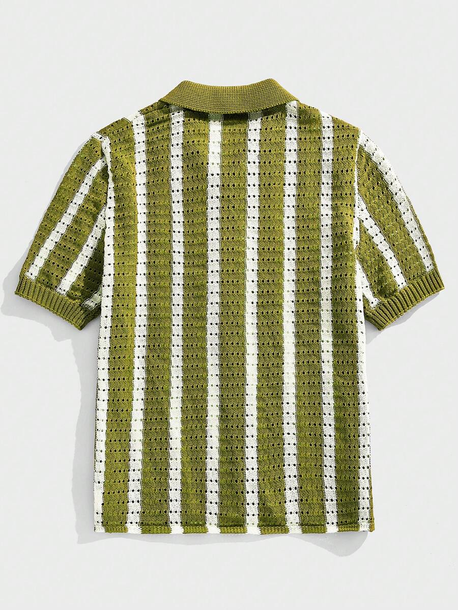 Polo décontracté rayé à manches courtes avec col ajouré pour hommes