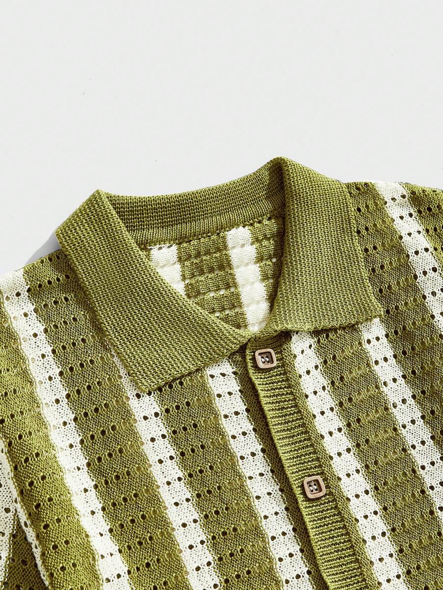 Polo décontracté rayé à manches courtes avec col ajouré pour hommes