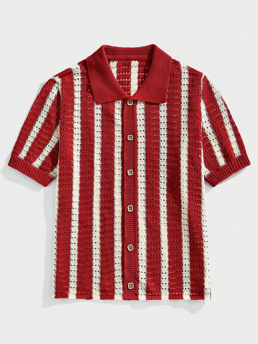 Polo décontracté rayé à manches courtes avec col ajouré pour hommes