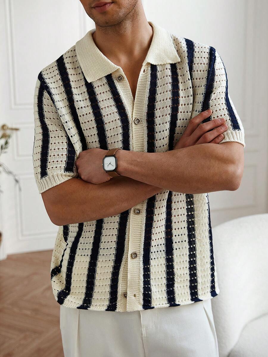 Polo décontracté rayé à manches courtes avec col ajouré pour hommes