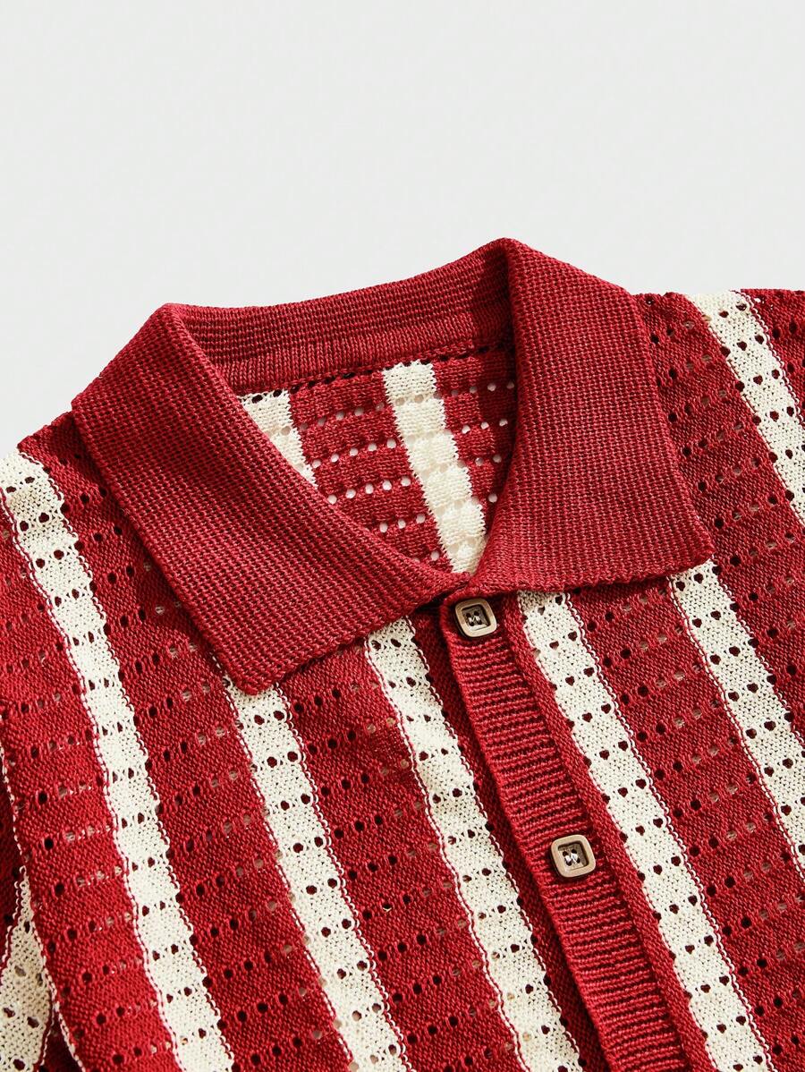 Polo décontracté rayé à manches courtes avec col ajouré pour hommes