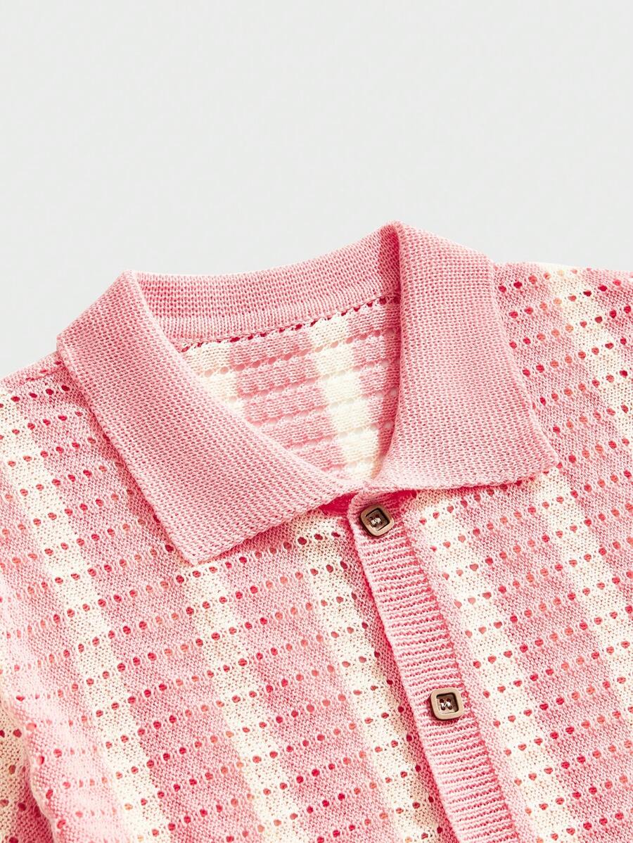 Polo décontracté rayé à manches courtes avec col ajouré pour hommes