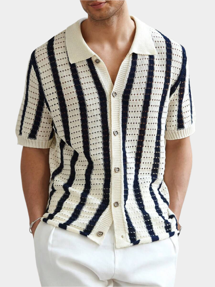 Polo décontracté rayé à manches courtes avec col ajouré pour hommes