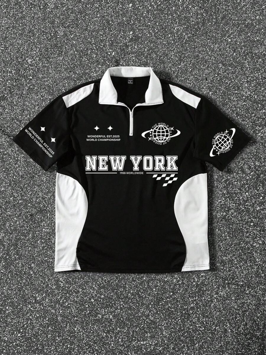 Polo uni avec patchwork, fermeture éclair sur le devant et motif graphique