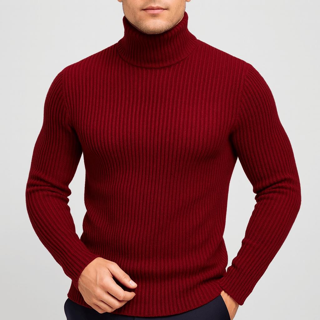 Pull à col roulé pour homme, côtelé, thermique et élastique, de couleur unie 1