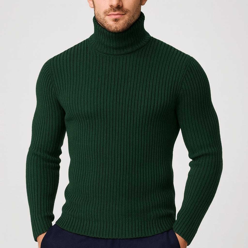 Pull à col roulé pour homme, côtelé, thermique et élastique, de couleur unie 3