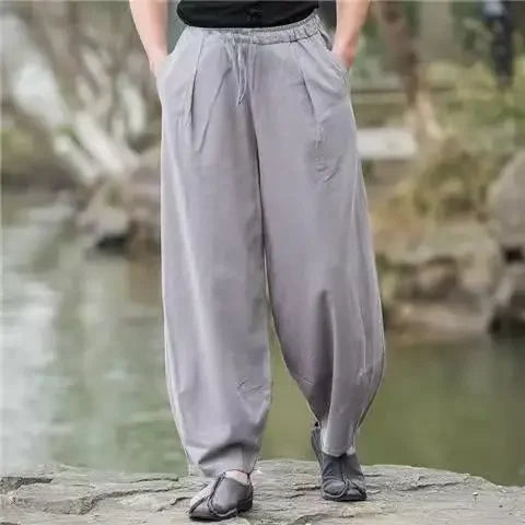 Pantalon de lin coupe ample avec taille élastique et lien à la cheville