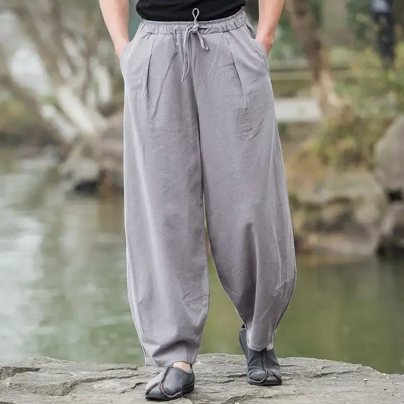 Pantalon de lin coupe ample avec taille élastique et lien à la cheville