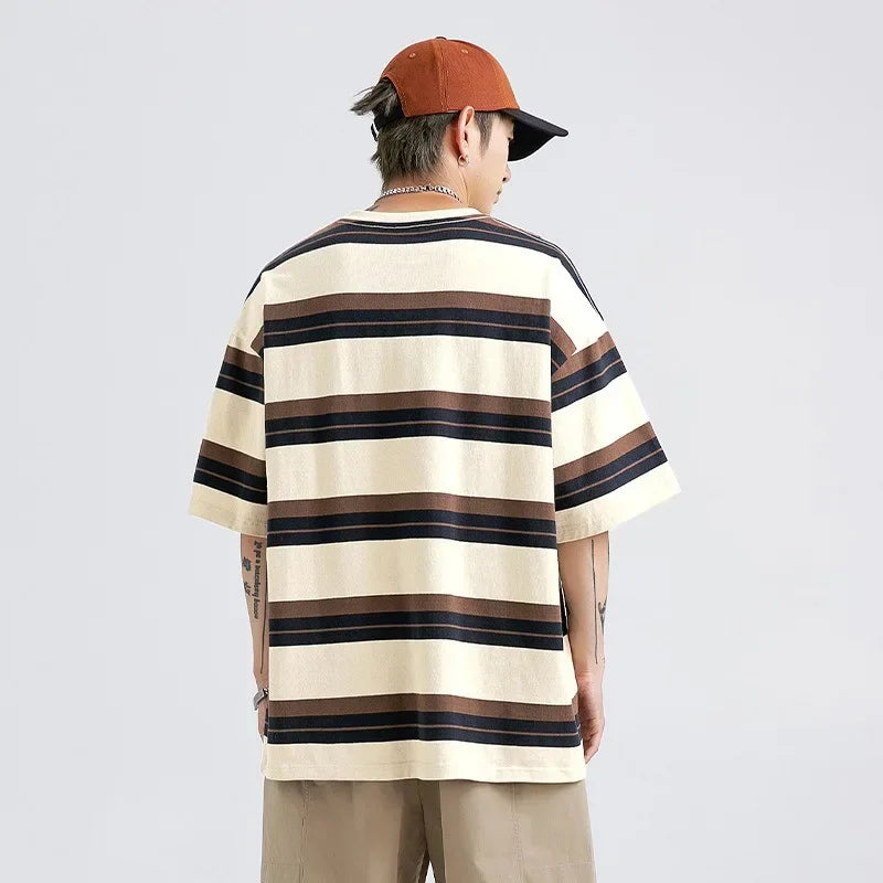Chemise à col rond à manches courtes rayée, style décontracté et ample