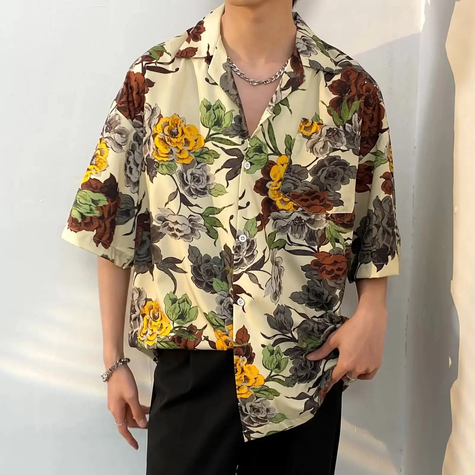 Chemise jacquard en soie glacée à col cubain et motif floral – Style rétro été pour homme