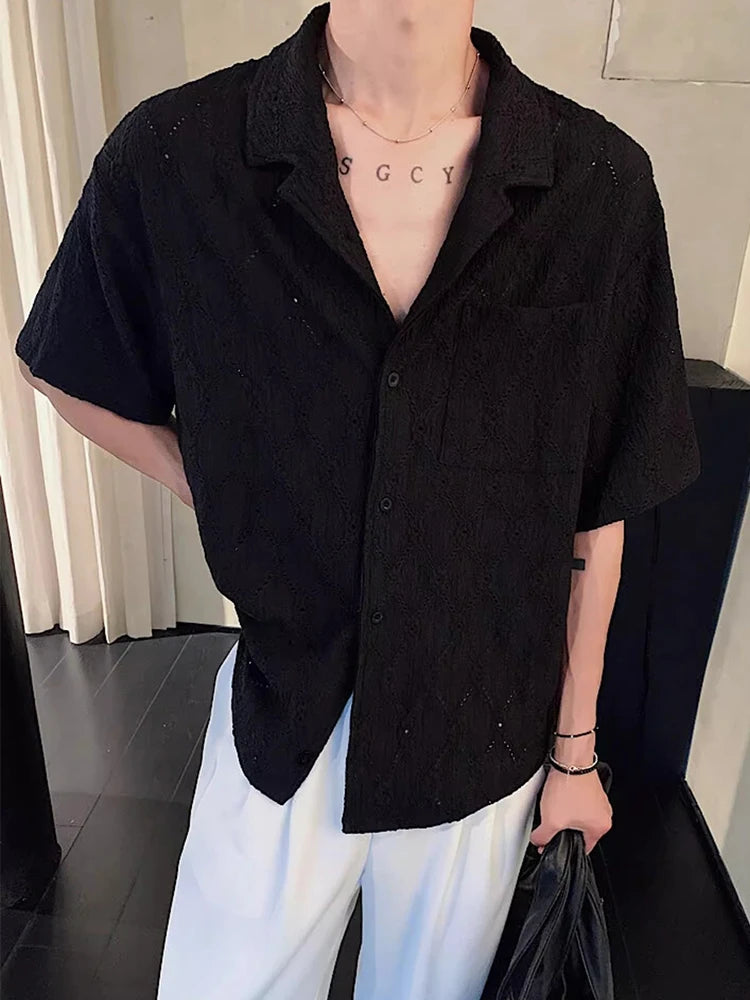 Chemise boutonnée décontractée en tricot vintage ajourée pour homme