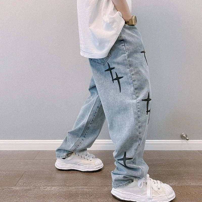 Jean imprimé, pantalon ample à jambes larges – denim streetwear pour homme