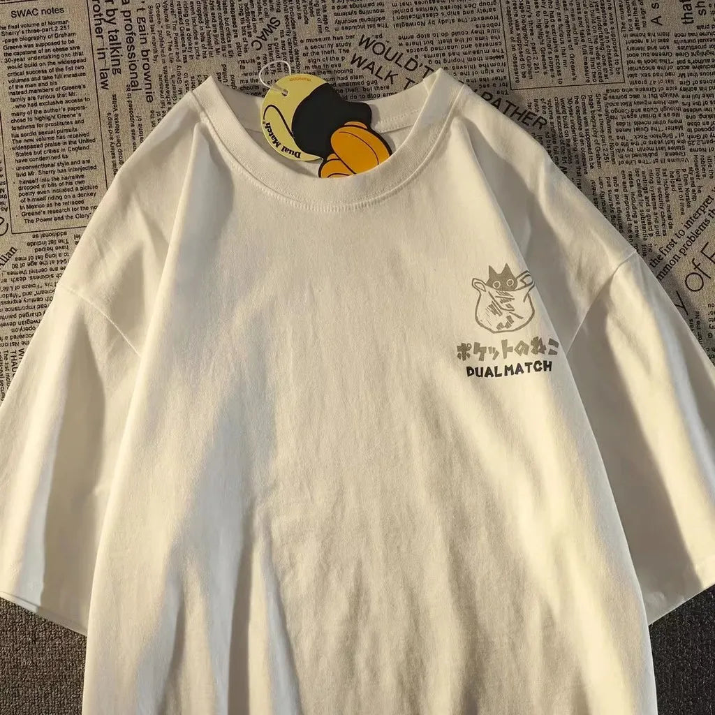 T-shirt graphique à poche avec motif chat - Streetwear de style japonais