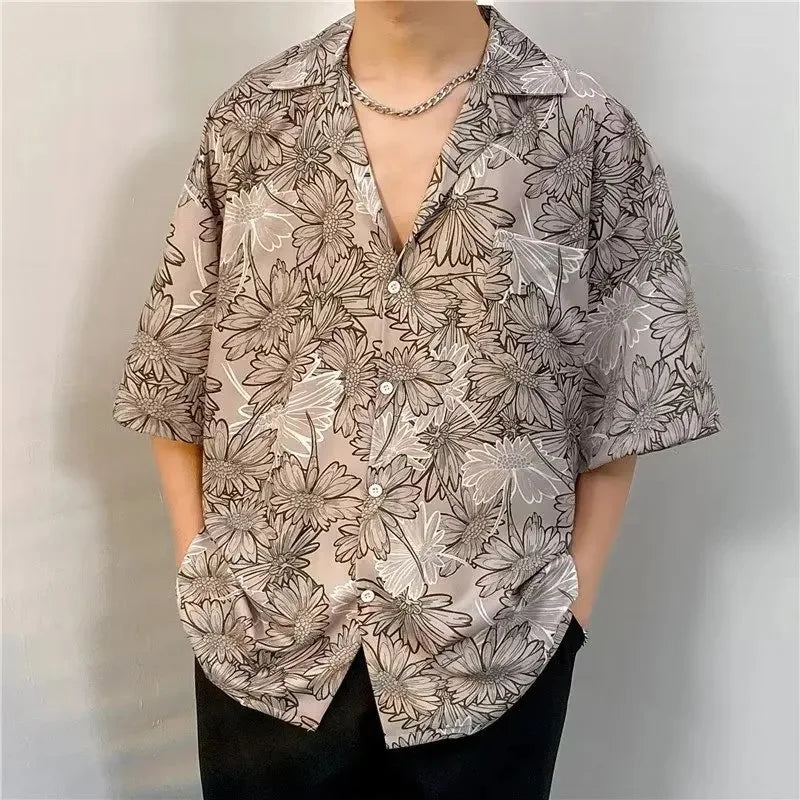 Chemise jacquard en soie glacée à col cubain et motif floral – Style rétro été pour homme