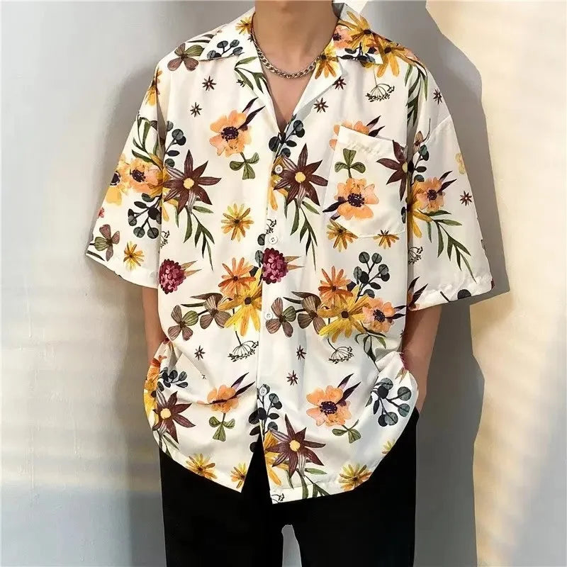 Chemise jacquard en soie glacée à col cubain et motif floral – Style rétro été pour homme