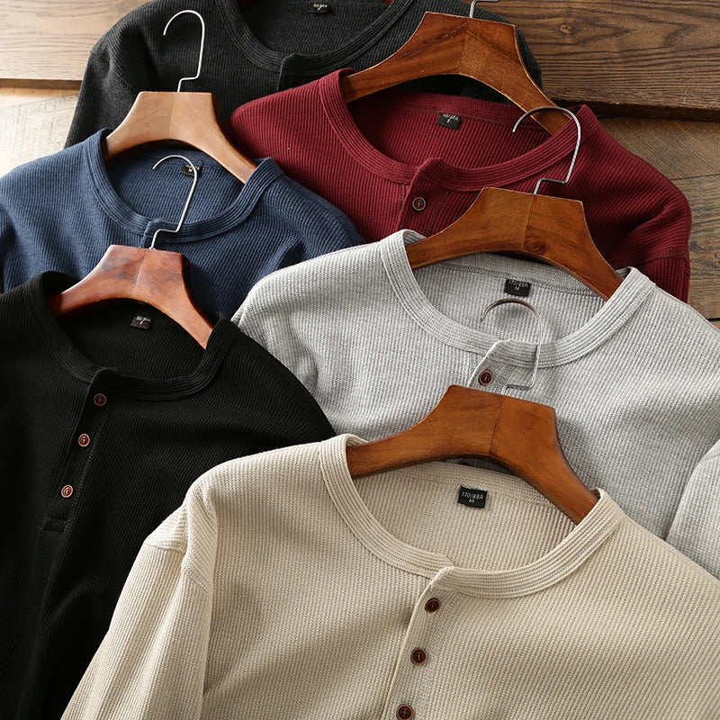 Chemise à manches longues en tricot gaufré pour homme – Coupe en coton doux