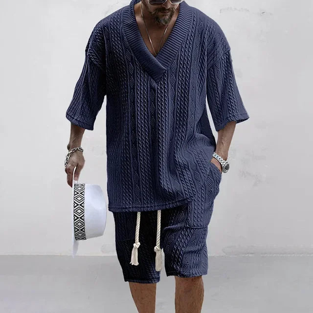 Deux ensemble pièces tricoté pour homme : haut col en V et short