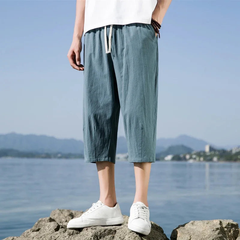 Short d'été décontracté en coton et lin pour homme, taille élastique ample