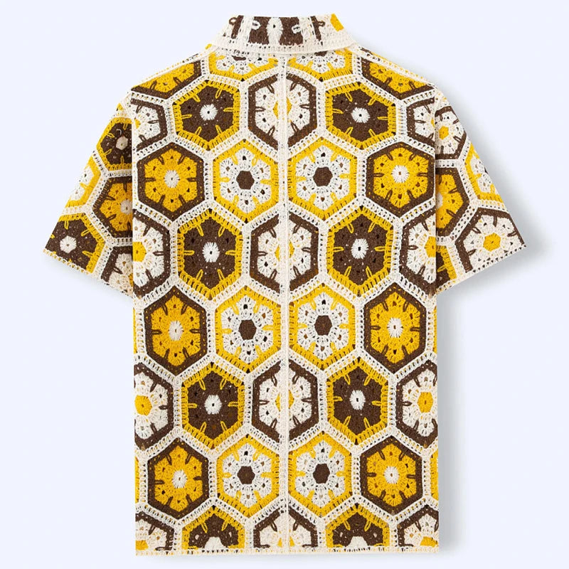 Chemises au crochet à col cubain et motif floral pour homme - vintage été élégant