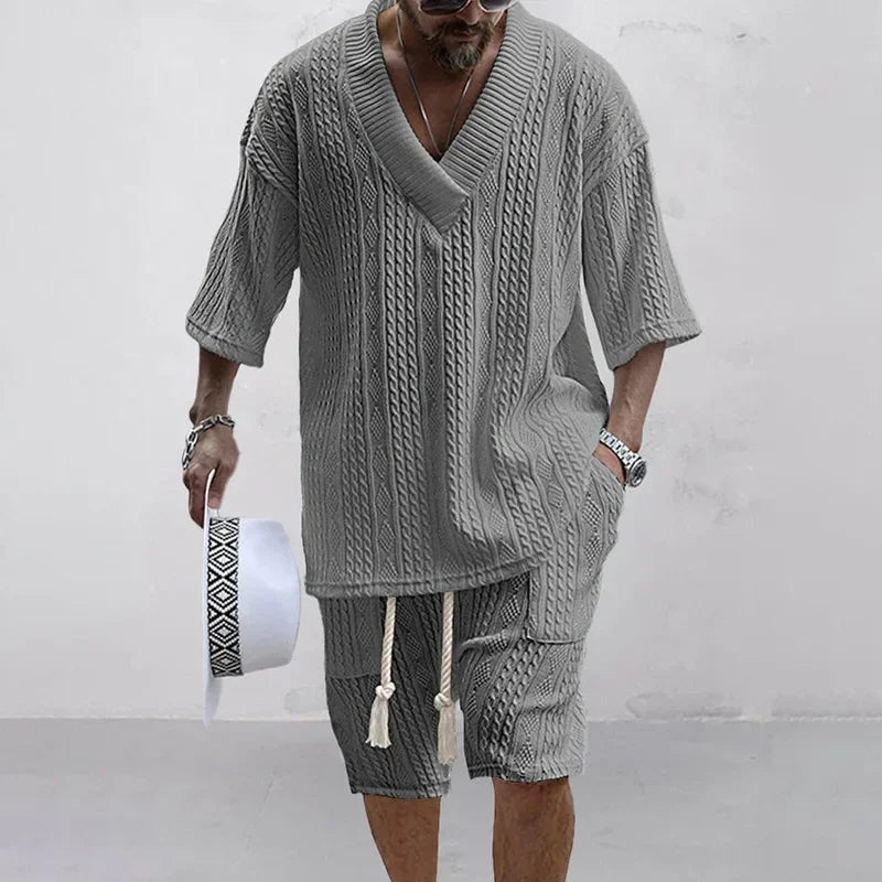 Deux ensemble pièces tricoté pour homme : haut col en V et short