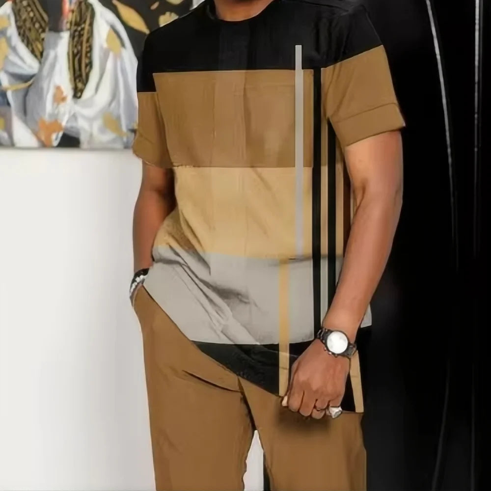 Deux ensembles chemise et pantalon à imprimé géométrique pour homme