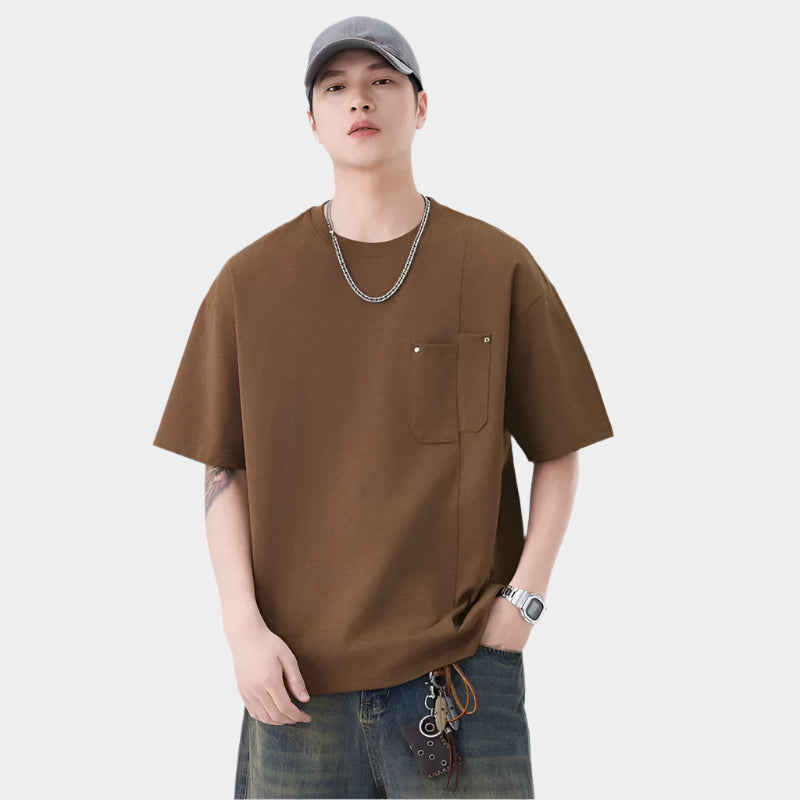 Chemise à col rond oversize décontractée à poches amples et manches courtes