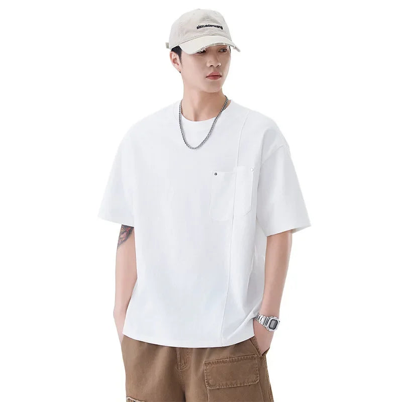 Chemise à col rond oversize décontractée à poches amples et manches courtes