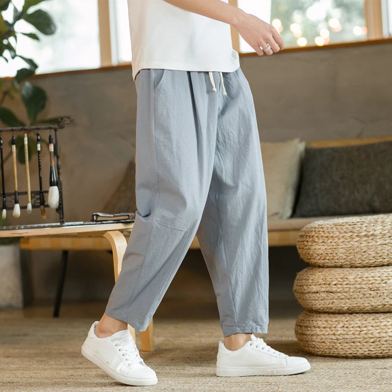 Pantalon de lin coupe décontractée avec cordon de serrage et design respirant