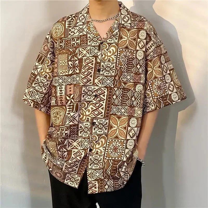 Chemise jacquard en soie glacée à col cubain et motif floral – Style rétro été pour homme