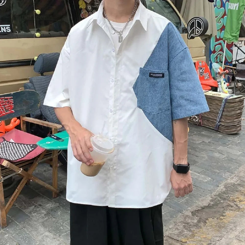 Chemise en jean ample et décontractée d'été avec patchwork en denim