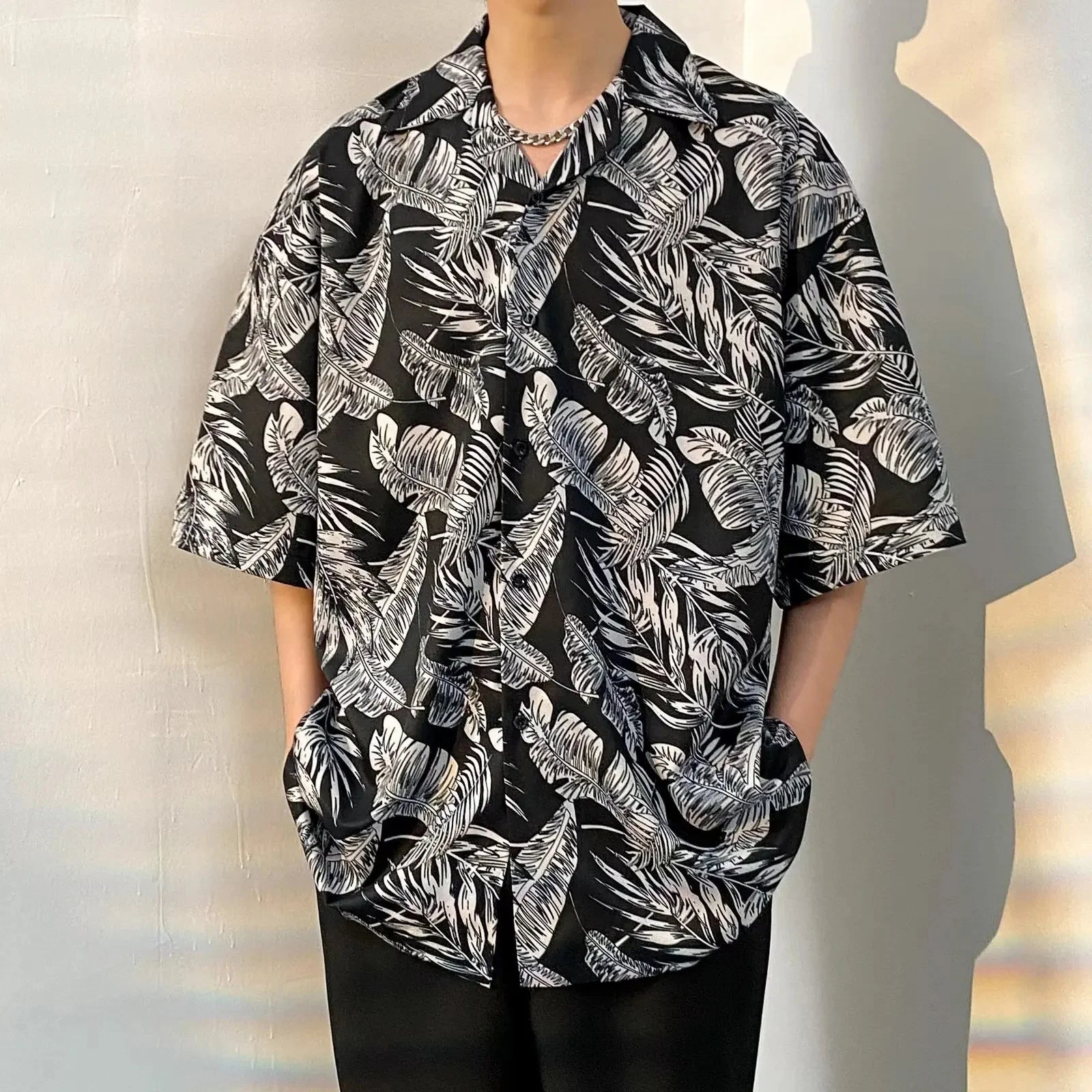 Chemise jacquard en soie glacée à col cubain et motif floral – Style rétro été pour homme