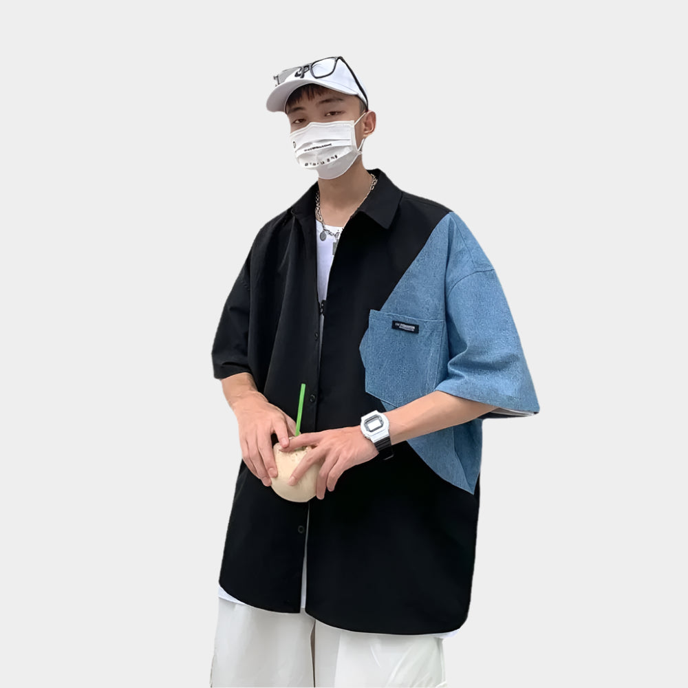 Chemise en jean ample et décontractée d'été avec patchwork en denim