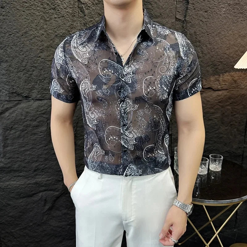 Chemise jacquard à manches courtes et motif floral de style coréen pour homme