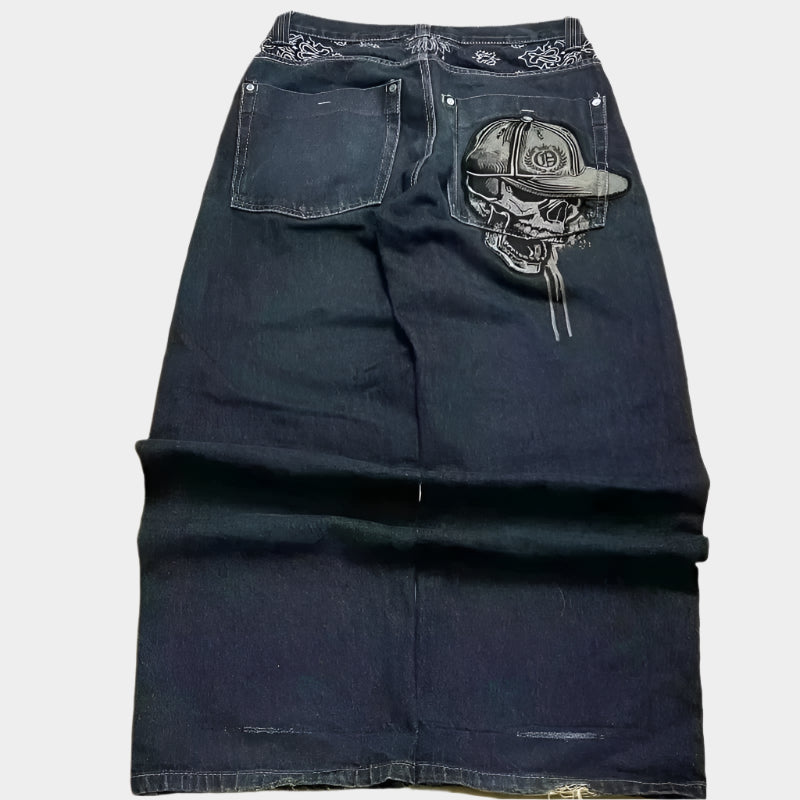 Pantalon ample brodé tête de mort pour homme – Streetwear à jambes larges