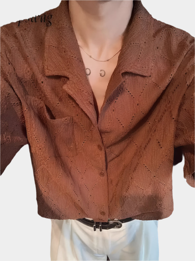 Chemise boutonnée décontractée en tricot vintage ajourée pour homme
