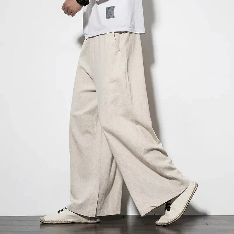 Pantalon ample en coton et lin pour homme, coupe droite et large