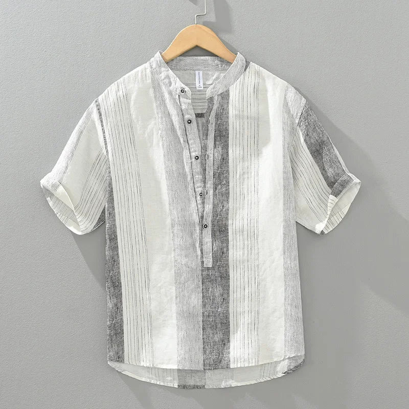 Chemise décontractée à rayures en lin frais à manches courtes pour homme