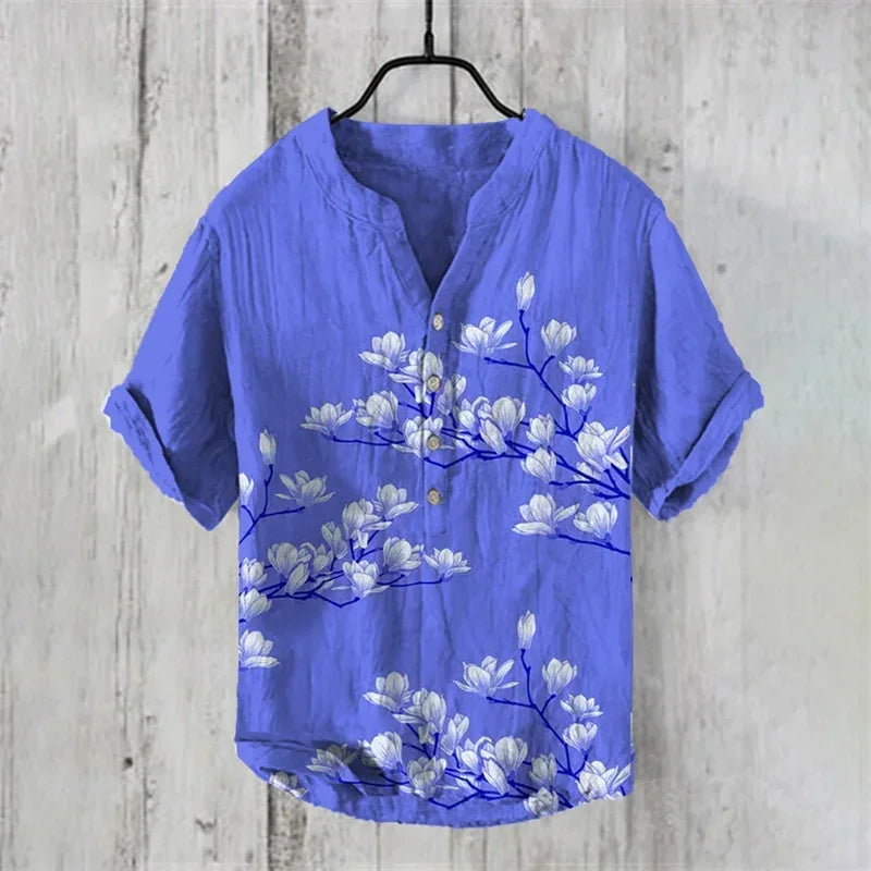 Chemise en lin imprimé style hawaïen – Chemise d'été légère pour homme