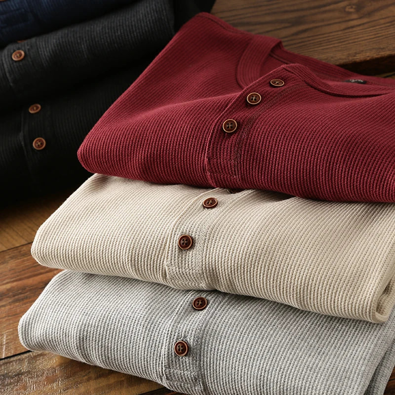 Chemise à manches longues en tricot gaufré pour homme – Coupe en coton doux