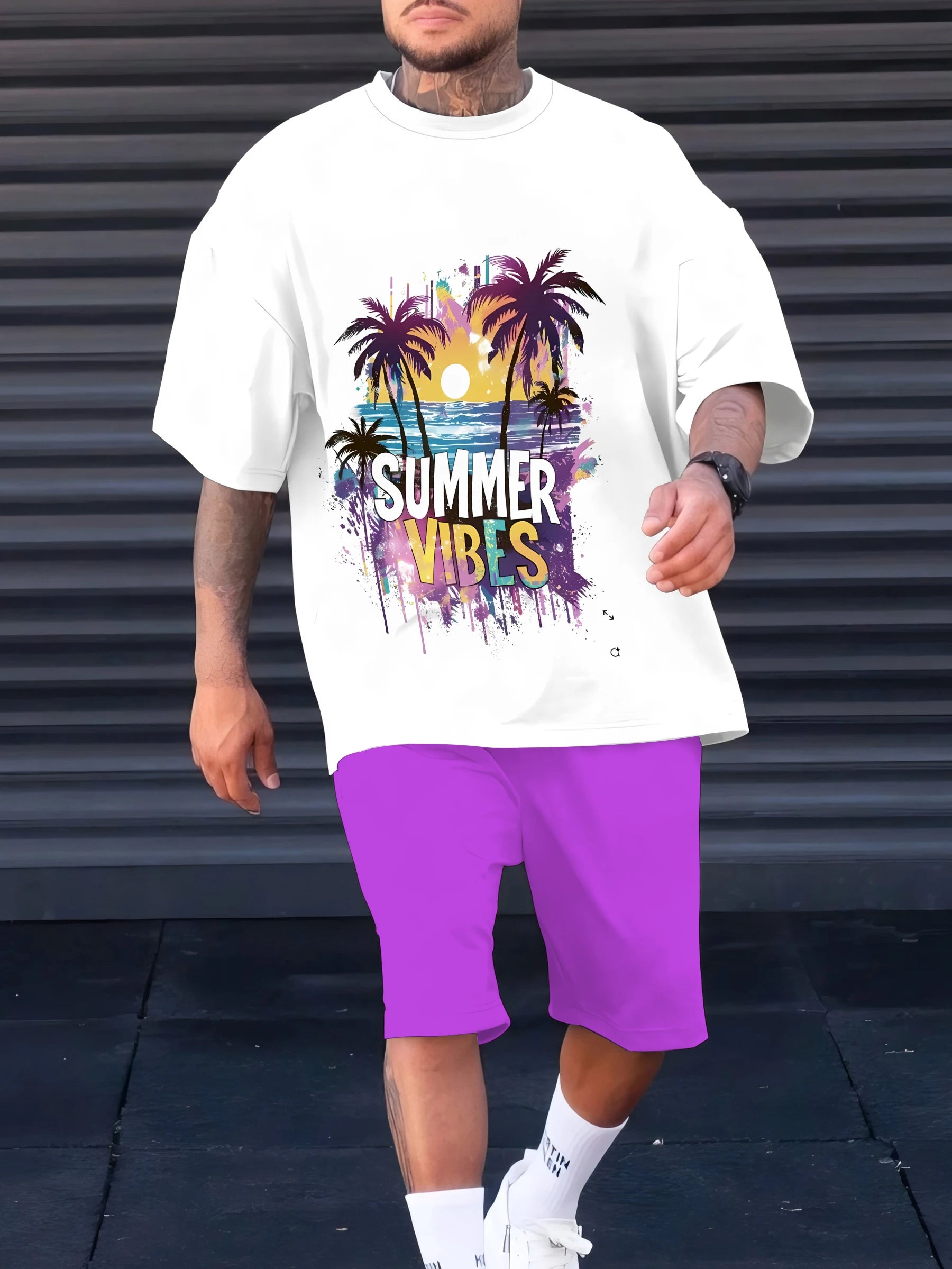 Deux Ensembles T-shirt et short imprimé palmiers pour homme – Tenue décontractée
